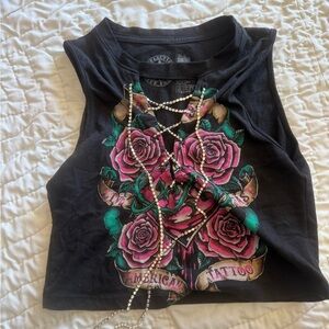 Affliction Black Crop Tank with Pink Rose Tattoo Graphic